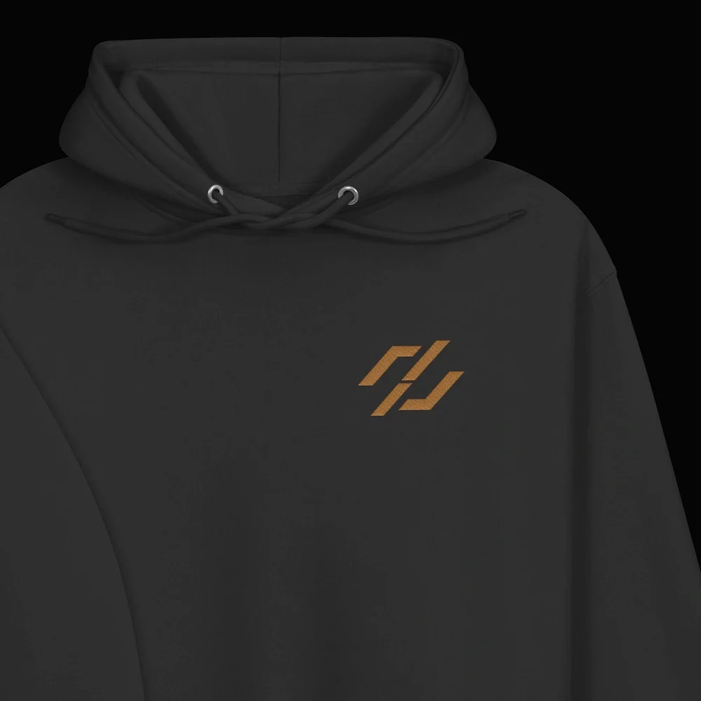 The hood and left chest of the Vektra Hoodie, with the gold mark.
