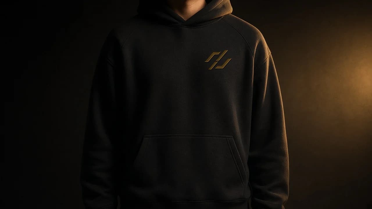 A person in the black Vektra Hoodie, cropped at the shoulders, lit from the side by warm gold light.