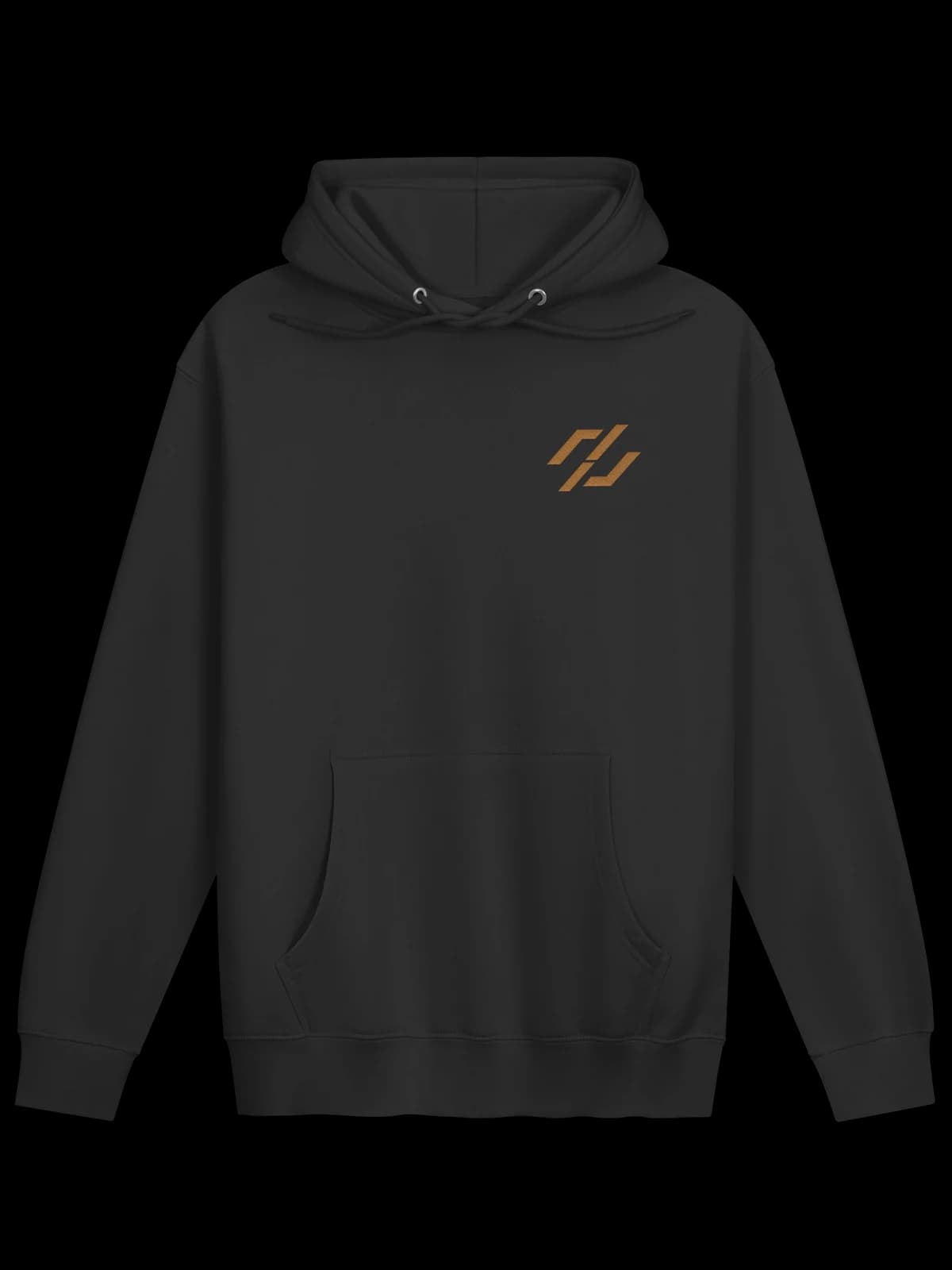 The Vektra Hoodie in black, straight front: the gold mark embroidered on the left chest.