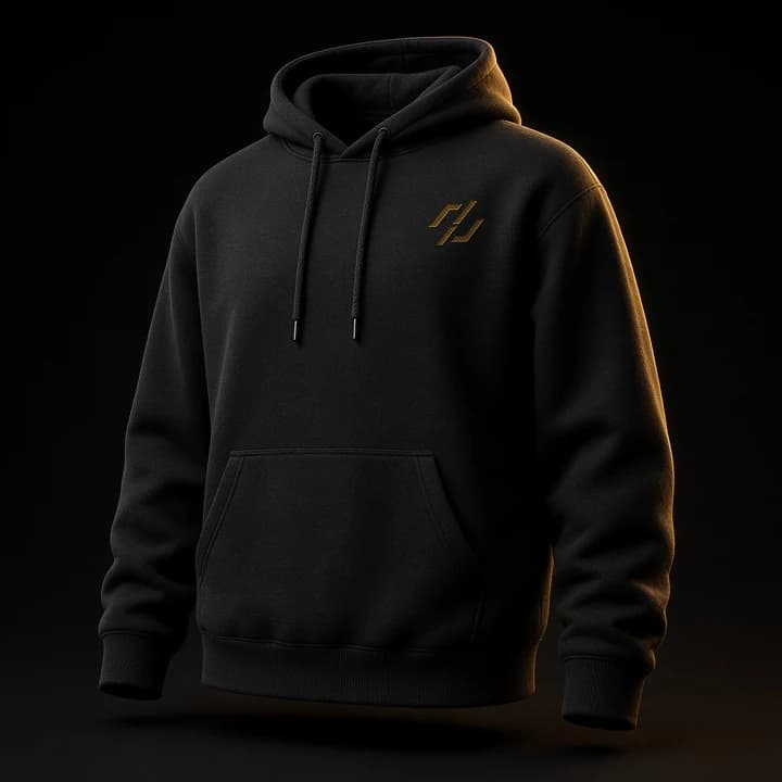The Vektra Hoodie from a three-quarter front angle on a black studio backdrop, gold rim light, the gold mark embroidered on the left chest.