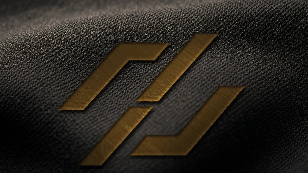 Macro close-up of the Vektra mark in raised Old Gold satin stitching on black fleece.