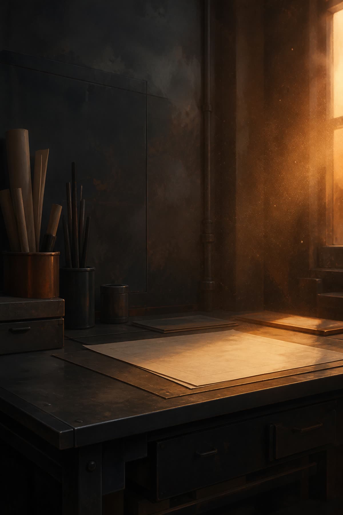 A steel shop desk with a blank job sheet, lit by warm late light from a window.