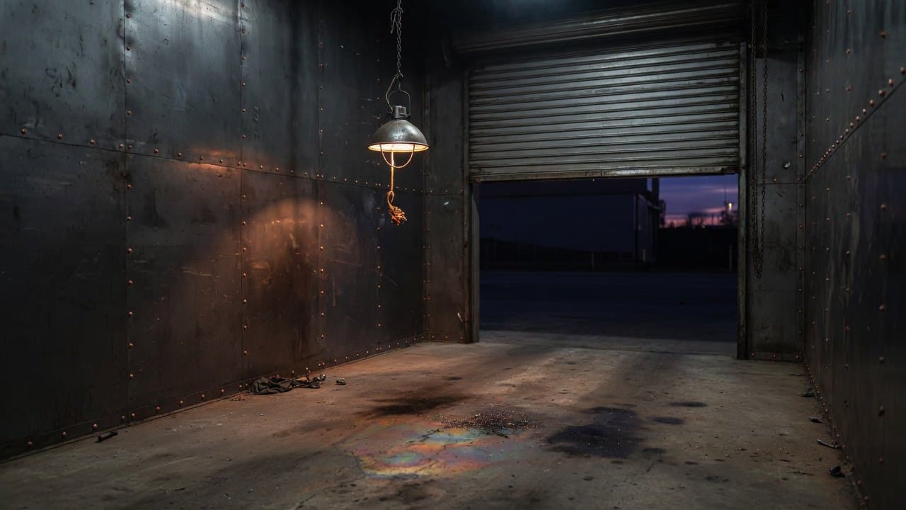 An empty steel-plated service bay under a single hanging lamp, roll-up door open to dusk.