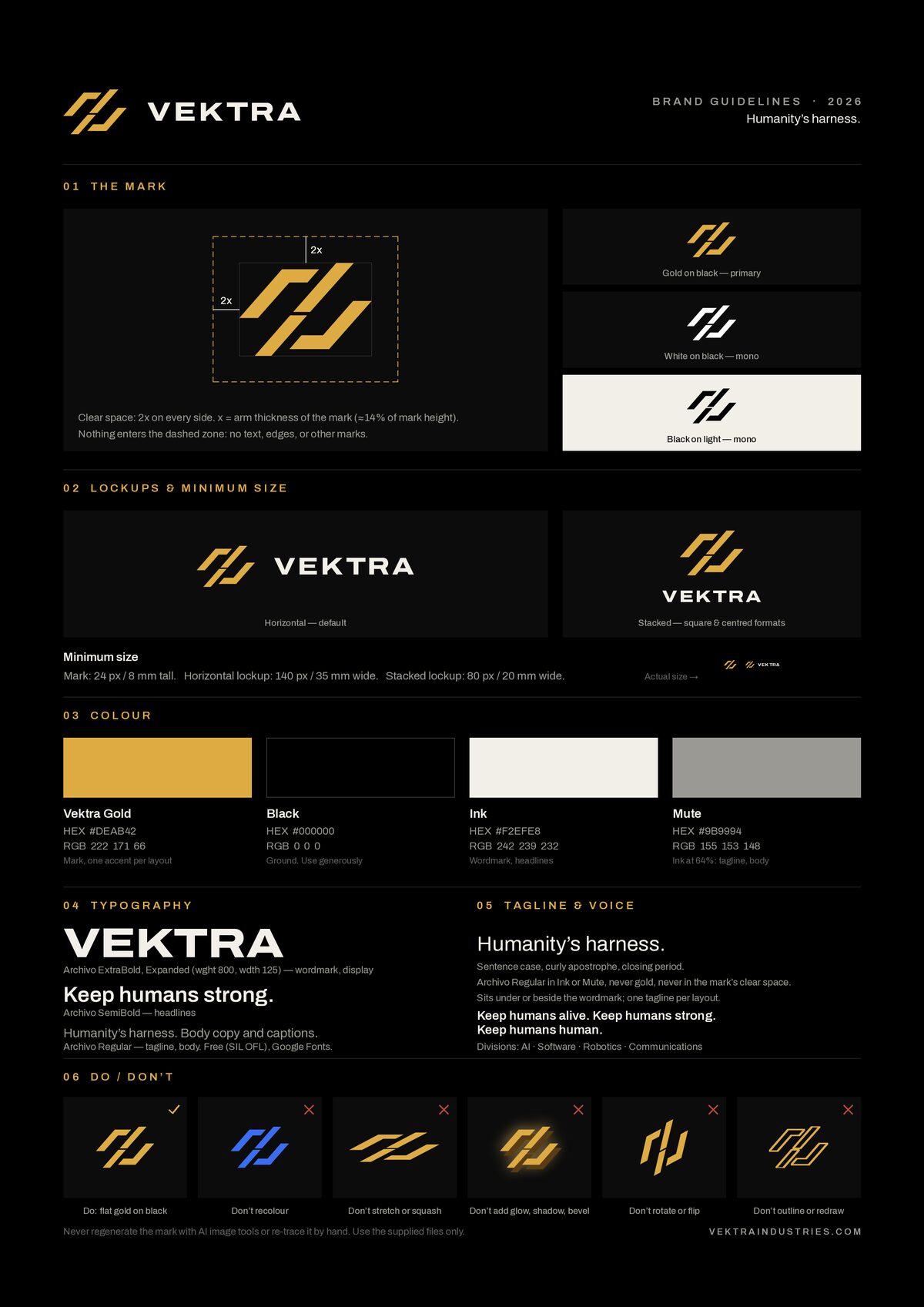 Vektra brand sheet: the mark, lockups, colour, typography, tagline, and do and don't examples